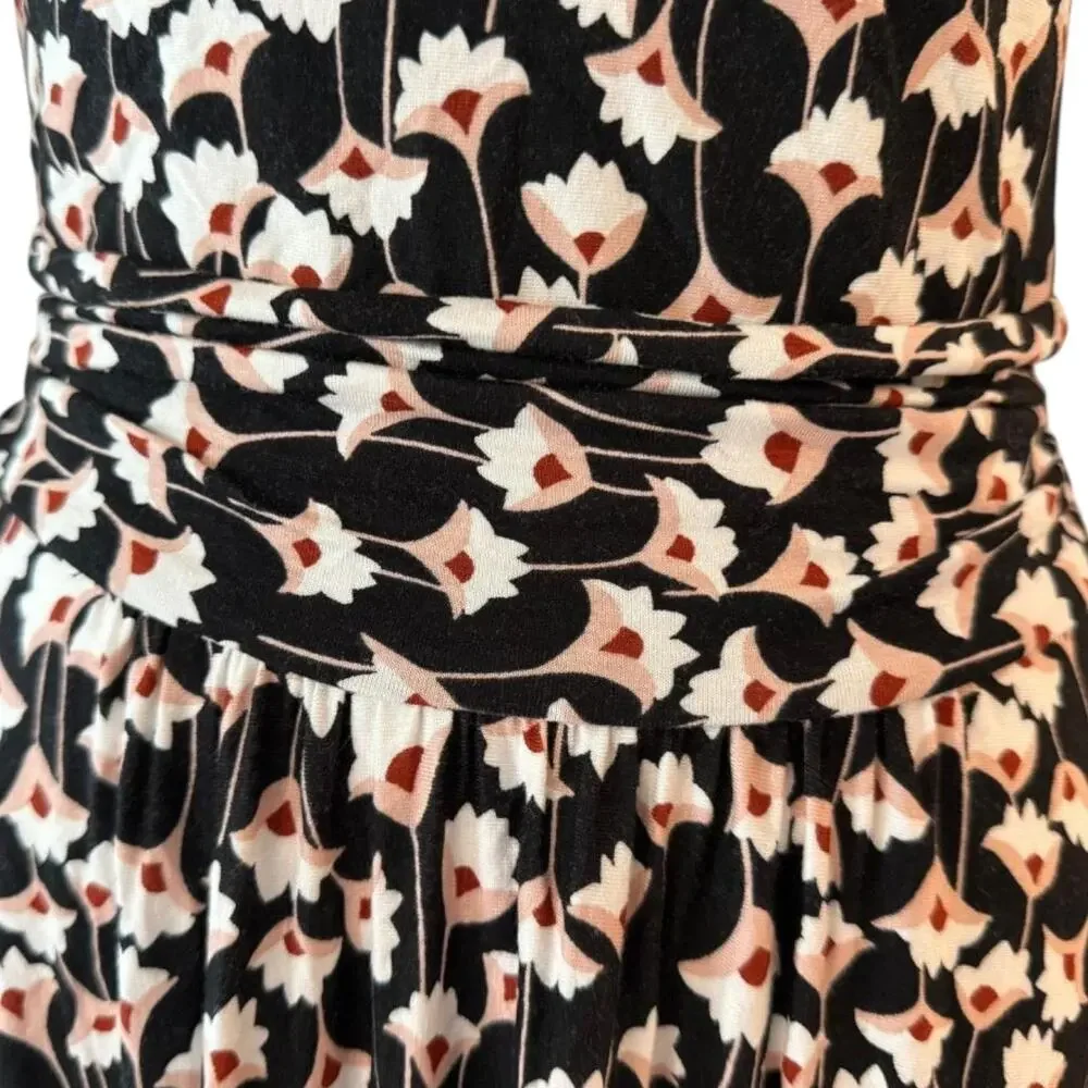 Boden Maisie Matte Jersey Midi Dress Black Floral Handkerchief Hem Ruched Size 8 - Picture 8 of 12